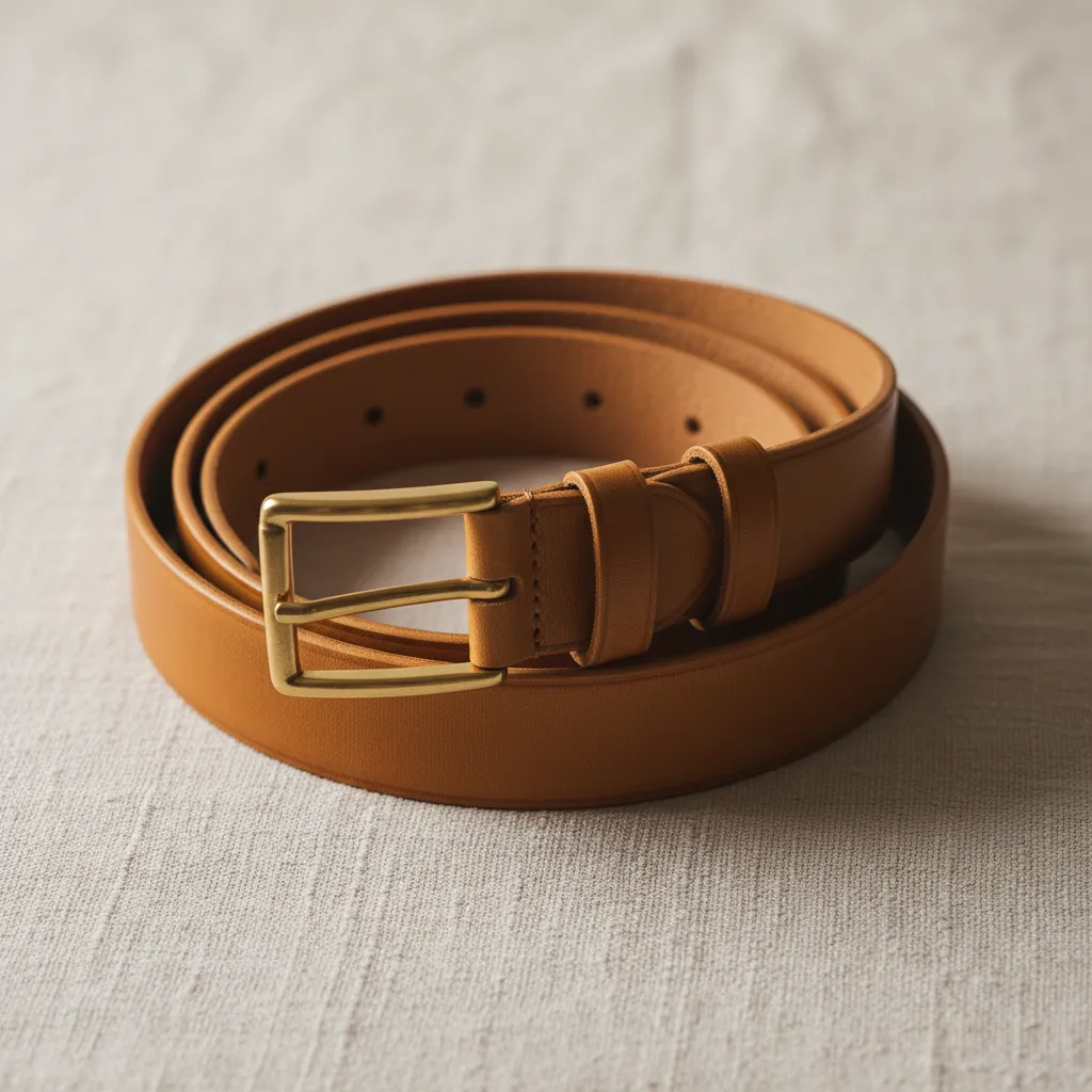 Tan leather belt with brass buckle