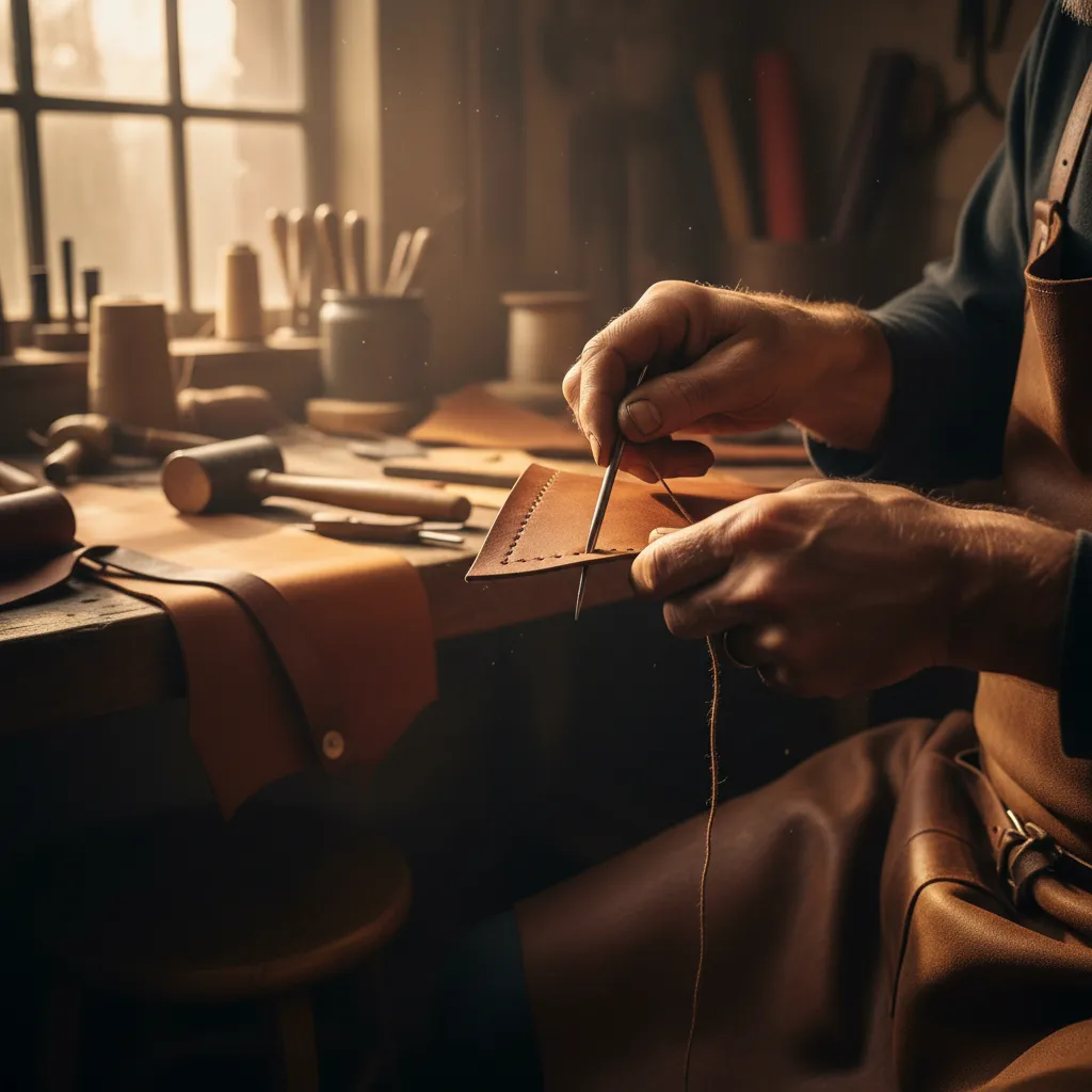 Artisan hands stitching leather in a Florence workshop
