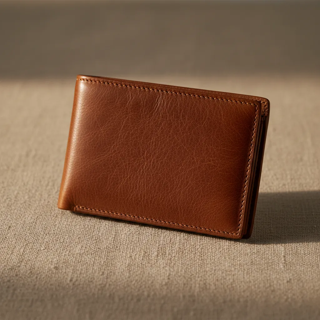 Cognac brown leather bifold wallet on linen surface
